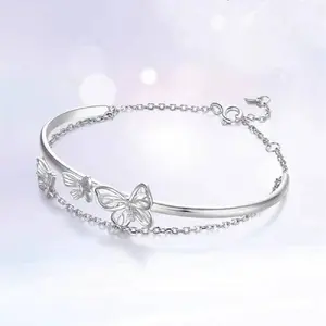 Y2K Silver Butterfly Layered Bangle - Delicate Double Chain Cuff Bracelet