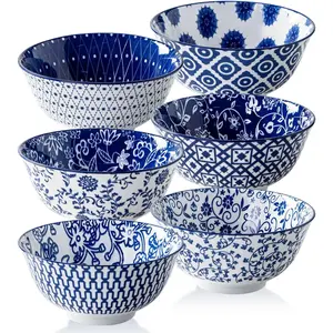 Ceramic Soup Bowls Set 24 Oz Deep Cereal Bowl for Kitchen 6 Inch Large Porcelain Dinner Bowl for Eating Salad Pasta Dessert Oatmeal Microwave Dishwasher Safe Set of 6 Vintage Blue