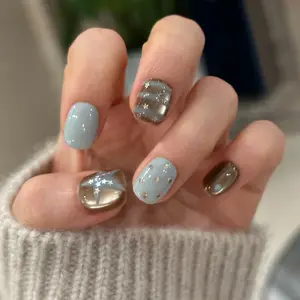 30pcs Short Square Press-On Nails, Striped Star Polka Dot Print Blue Block, Includes Jelly Glue and File