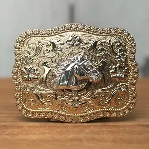 Golden Buckle with Silver Horse Head Design CB-05 - Western Buckles for Men | Made in Mexico
