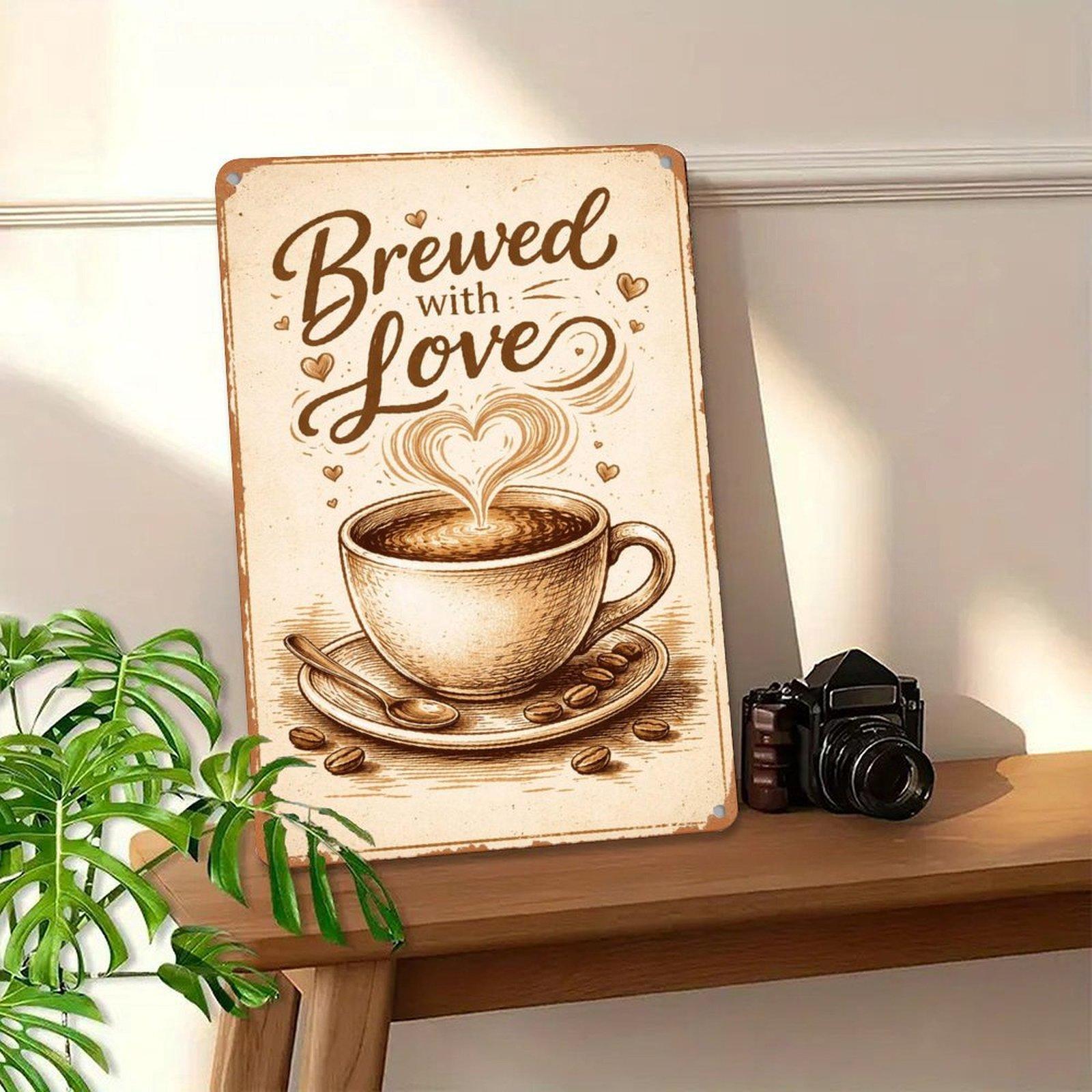 Brewed with Love – Coffee Cup Retro Art Print – 8x12 Inch Metal Sign for Kitchen, Café, or Home Decor