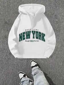 Men's Fashion Casual Fitted Hoodie, Letter Print Pullover, Polyester Fabric, Half Zipper, Spring & Fall New Arrival