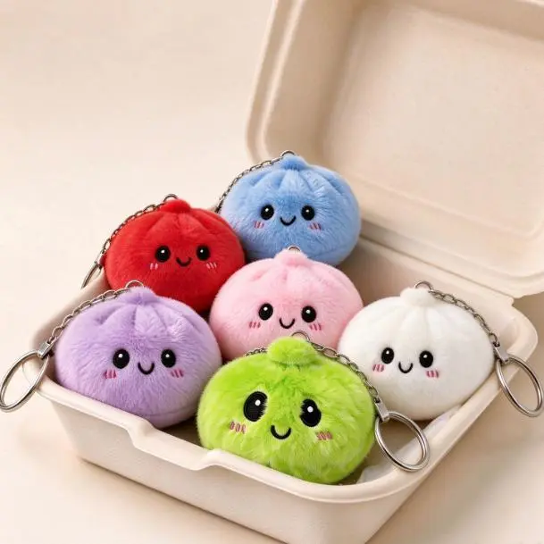 Cute Plush Bun Keychain, Soft Fluffy Stuffed Dumpling Charm with Smiley Face, Colorful Bag Pendant, Lovely Party Favor & Daily Accessory Gift