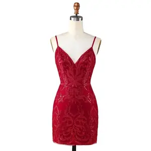 ZAPAKA Women Sparkly Dark Red Sequins Spaghetti Straps Tight Short Homecoming Dress