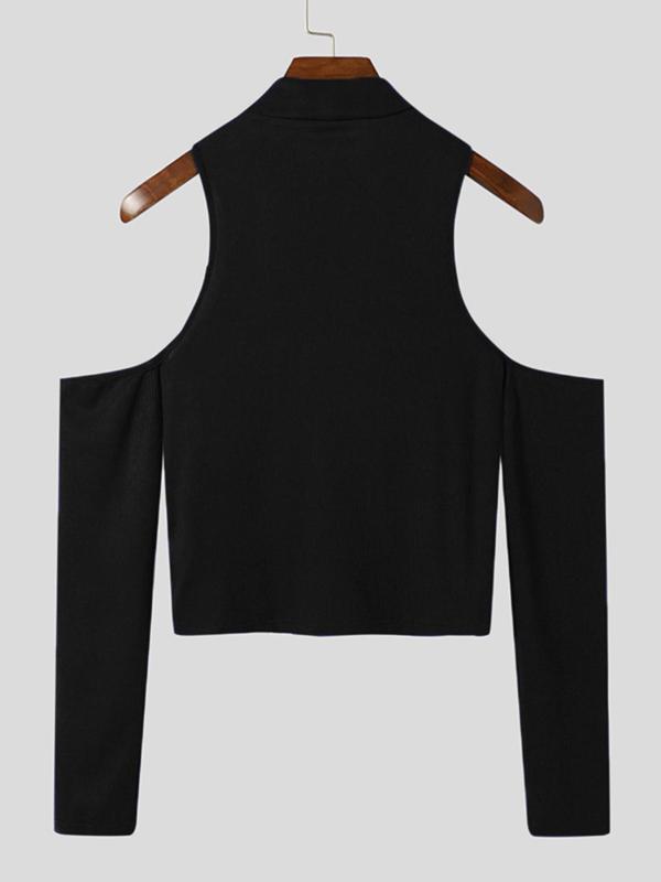 Men's Slim Cold Shoulder Mock Neck Crop Tank Top, Cut Out Long Sleeve T-shirt for Spring & Fall, Comfort Basic Minimalist Menswear for Daily Wear Men's Slim Cold Shoulder Mock Neck Crop Tank Top, Cut Out Long Sleeve T-shirt for Spring & Fall, Comfort Basic Minimalist Menswear for Daily Wear