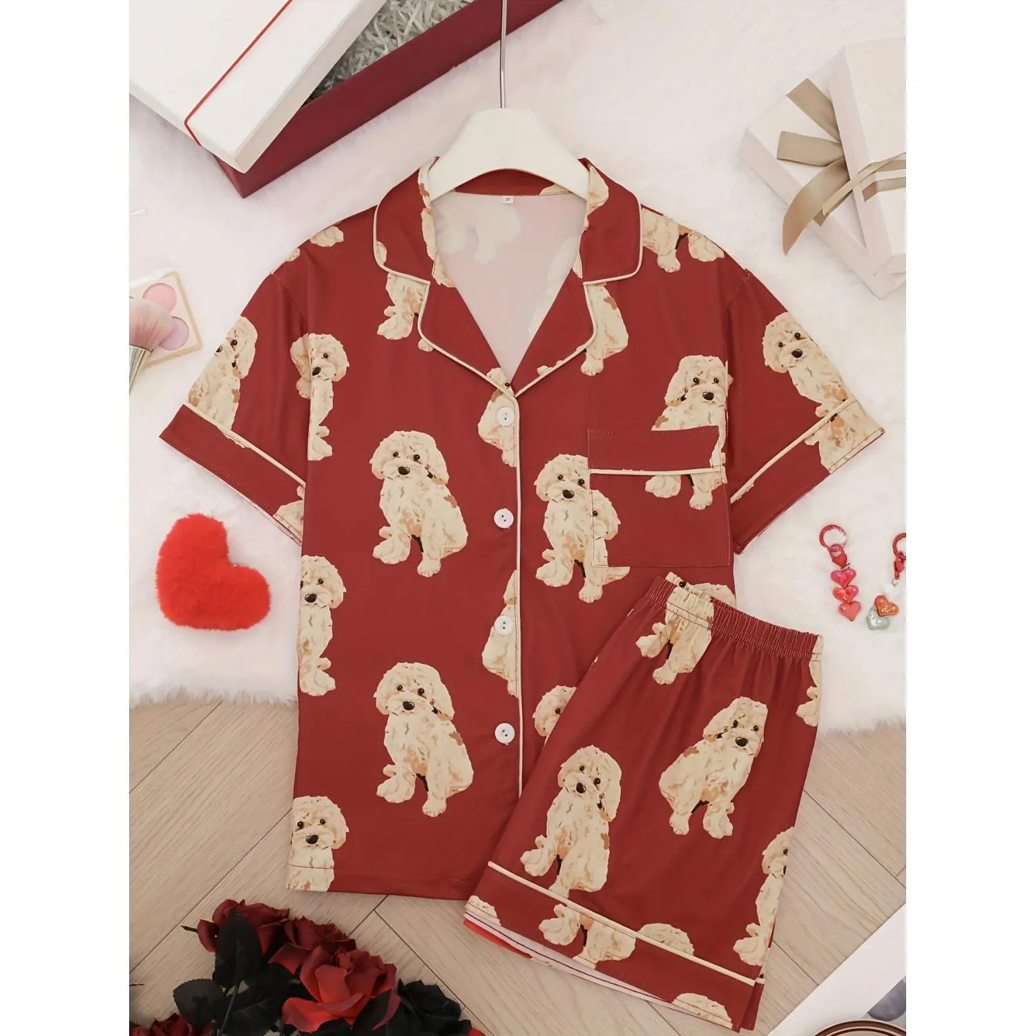 2 Women's Full-Body Puppy Print Pajama Set - Short-Sleeved Top with Shorts, Four-Piece Lapel Homewear with Pockets, Brown-Red Casual Suit for Spring, Summer, and Autumn