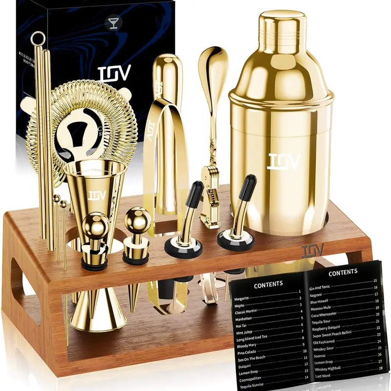 IOV 17-Piece Stainless Steel Bamboo Kitchen Cocktail Shaker Set - Rust-Resistant, 18oz & 28oz Shakers, Modern Utensils, Recipe Booklet, Complete Bartender Kit for Home Bars, Guest Nights & Parties