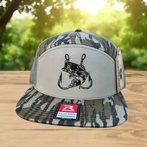 Fish Hook Embroidered Bottomland Camo Hat – Men’s Country 7-Panel Trucker Cap | Hunting Outdoor Snapback