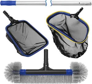 Poolvio 5-in-1 Pool Cleaning Kit - Includes Semi-Deep Skimmer Net, Aluminum Leaf Rake, 20' Pool Brush with 13ft Adjustable Pole