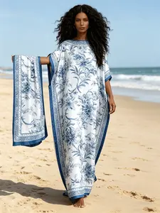 Boho Floral Long Dress Set, Loose-Fitting Blue- Print, Includes Scarf, Elegant Casual Vacation Wear, Plus Size, All Seasons