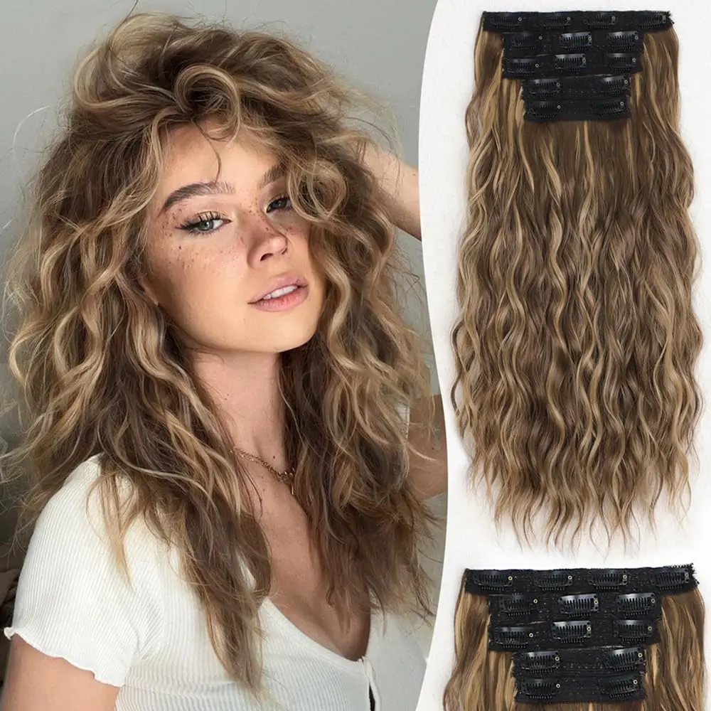 Vigorous Clip in Hair Extensions,  5PCS 16inch Dark Brown Mixed Caramel Blonde Hair Extensions, Thick Long Mermaid Waves Hair Extensions Soft Hairpieces For Women