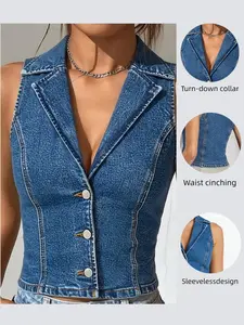 Vintage V-Neck Sleeveless Denim Vest, Womenswear, Waist Cinching Slimming Layering Essential, Must-Have Fashion Item for Women