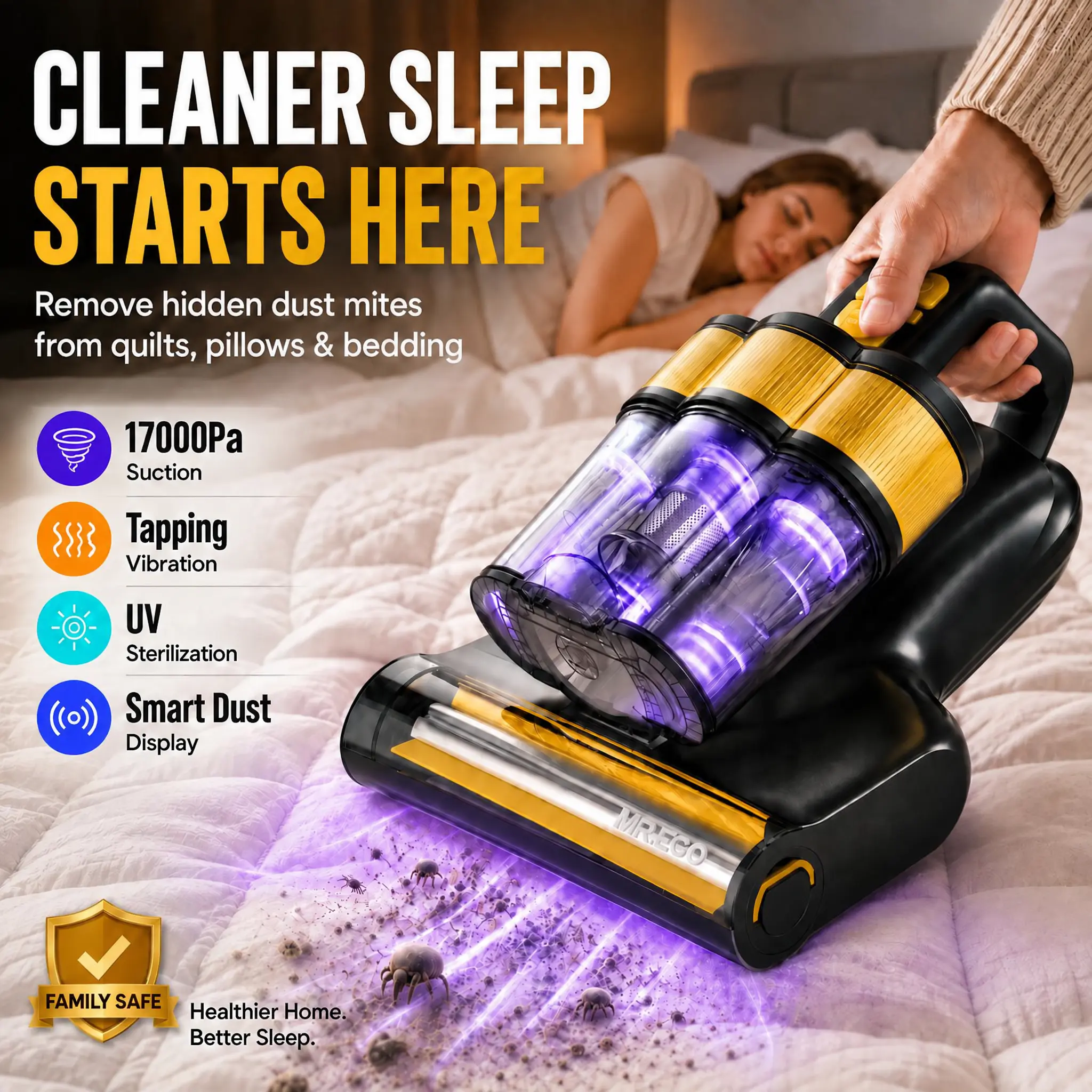 MR.EGO Cordless Mattress Vacuum Cleaner , 4-in-1 17Kpa Bed Vacuum with UV-C Light,, HEPA Filter, Ultrasonic & 40,000 BPM, Handheld Vacuum Cleaner for Bed, Sofa, Couch, Crib,Picks Up Dust and Pet Hair