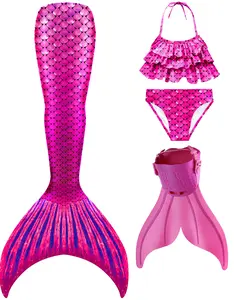 Girls 4‑Piece Hot Pink Shiny Scale Mermaid Tail Swimsuit Set with Monofin, Ruffled Halter Bikini Bathing Suit for Kids Summer Beach Pool Swimming
