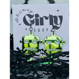 Frankenstein Monster Earrings – Spooky Green Acrylic Earrings – Halloween Dangle Earrings