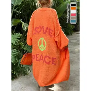 Women's Letter Print Drop Shoulder Long Sleeve Cardigan, Casual Open-Front Longline Cardigan? for Spring & Fall? Summer Outfits 2024, Fashionable Comfortable Clothing