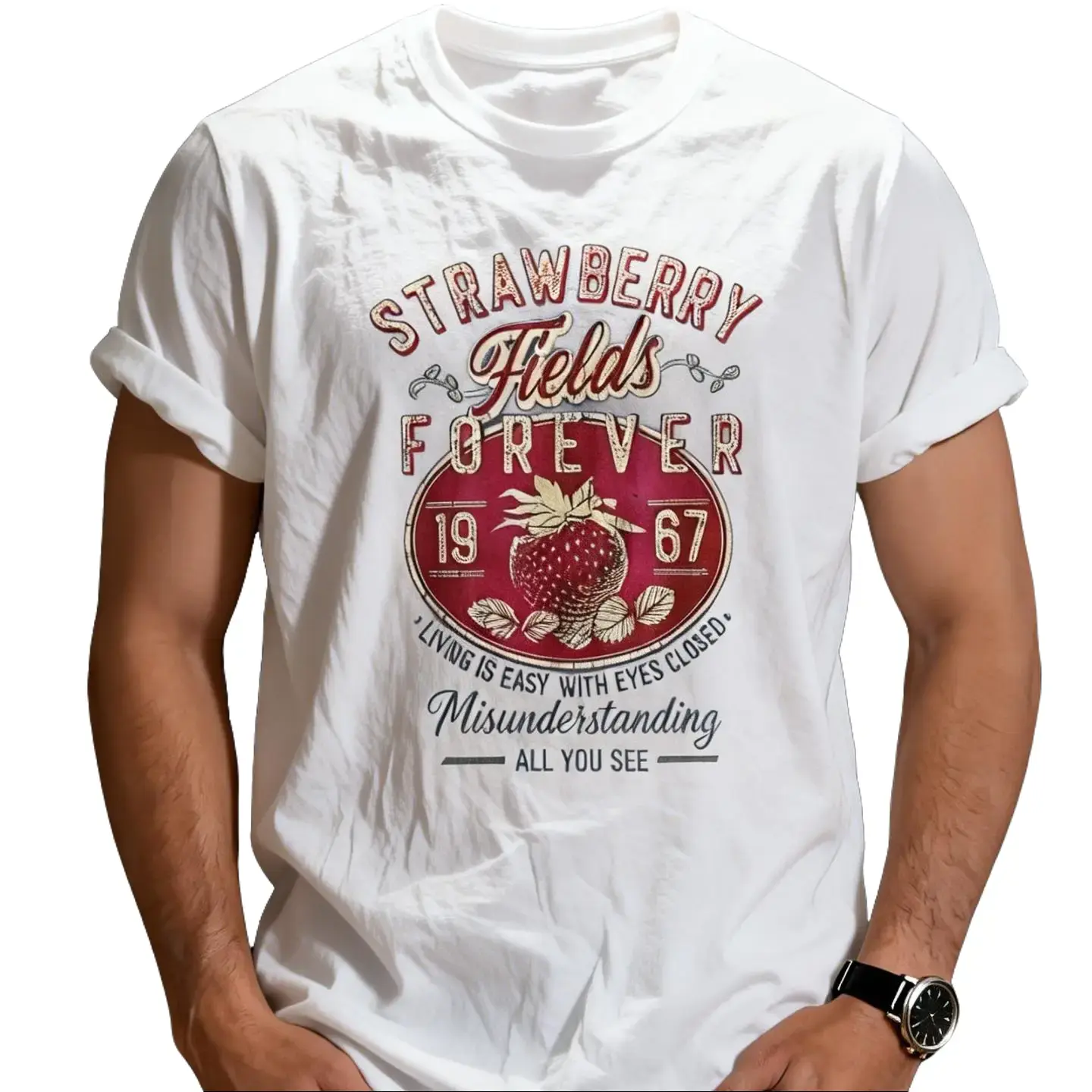 Men's 1967 Retro-Style "Strawberry Fields Forever" Print , Vintage Beatles Classic Rock Band Sports Top sporty Meme Christmas Funny summer training unisex wide-shoulder fit washed black cotton short sleeve casual soft breathable streetwear comfy basic tee