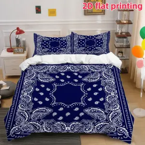 2D Flat 3Pcs Trendy Bandana Pattern Decorative Duvet Cover, Dark Blue Paisley Bedding (1 Cover+2 Pillowcases, Unfilled)-for Youth/Adult Bedroom Decor, Stylish & Comfy Home Textiles, Gifts for Him/Her.