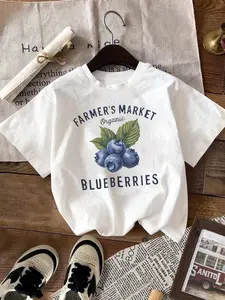 Women's Casual Loose Fit Round Neck T-Shirt, Blueberry Letter Print, Fashionable Daily Wear, Perfect for Summer Outdoors