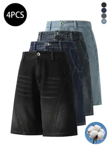 4-Pack Men’s Denim Shorts for Summer — Straight-Leg Loose Fit, 3D Patchwork Design, Knee-Length Denim Shorts, High Cotton Content, Washed Denim Finish, Versatile American Vintage Style for Men