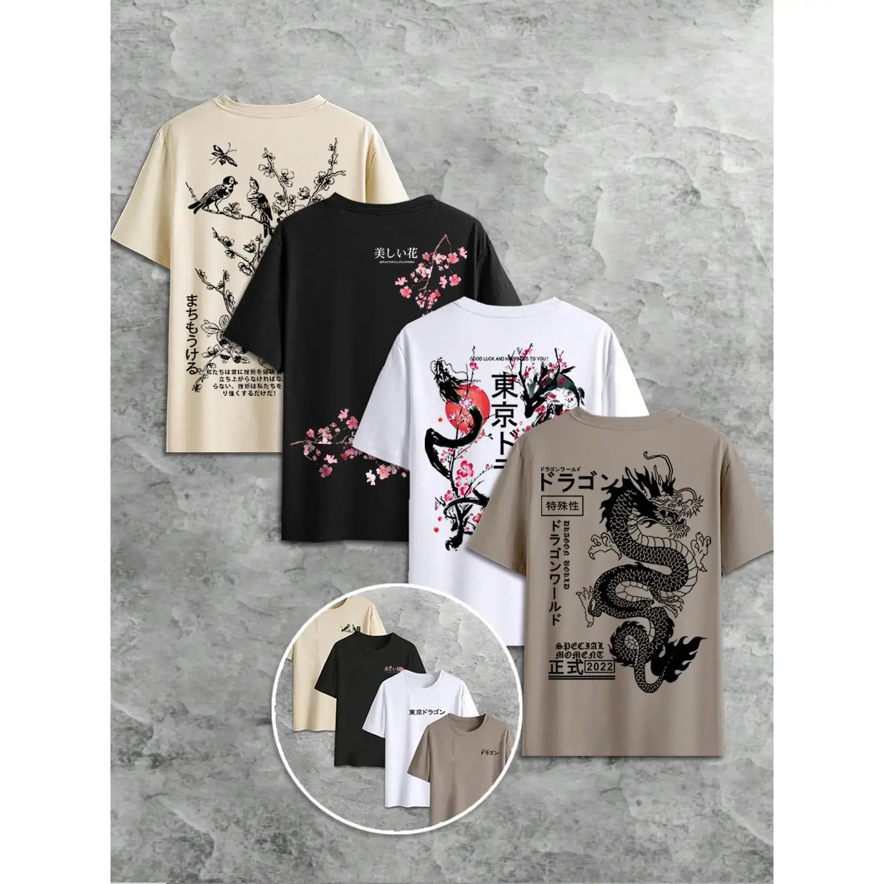 Men's Dragon & Japanese Character Print Round Neck Tee, Regular Fit Casual Short Sleeve T-shirt for Summer, Men's Top for Daily Wear, Tropical Men's Dragon & Japanese Character Print Round Neck Tee, Regular Fit Casual Short Sleeve T-shirt for Summer, Men's Top for Daily Wear, Tropical