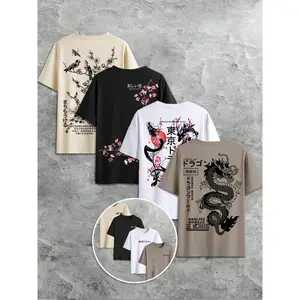 Men's Dragon & Japanese Character Print Round Neck Tee, Regular Fit Casual Short Sleeve T-shirt for Summer, Men's Top for Daily Wear, Tropical