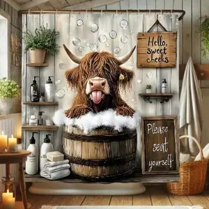 Cute Humorous Farmhouse Shower Curtain Set with Highland Cattle, Brown And Gray Shower Curtain, Machine Washable for Bathroom, Includes Hooks,Summervibes Multicolor
