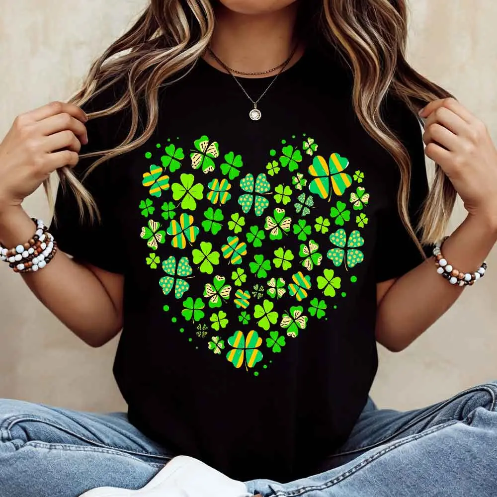 Heart Shape Clover Pattern T Shirt Crew Neck Casual Wear For St Patrick's Day Celebration
