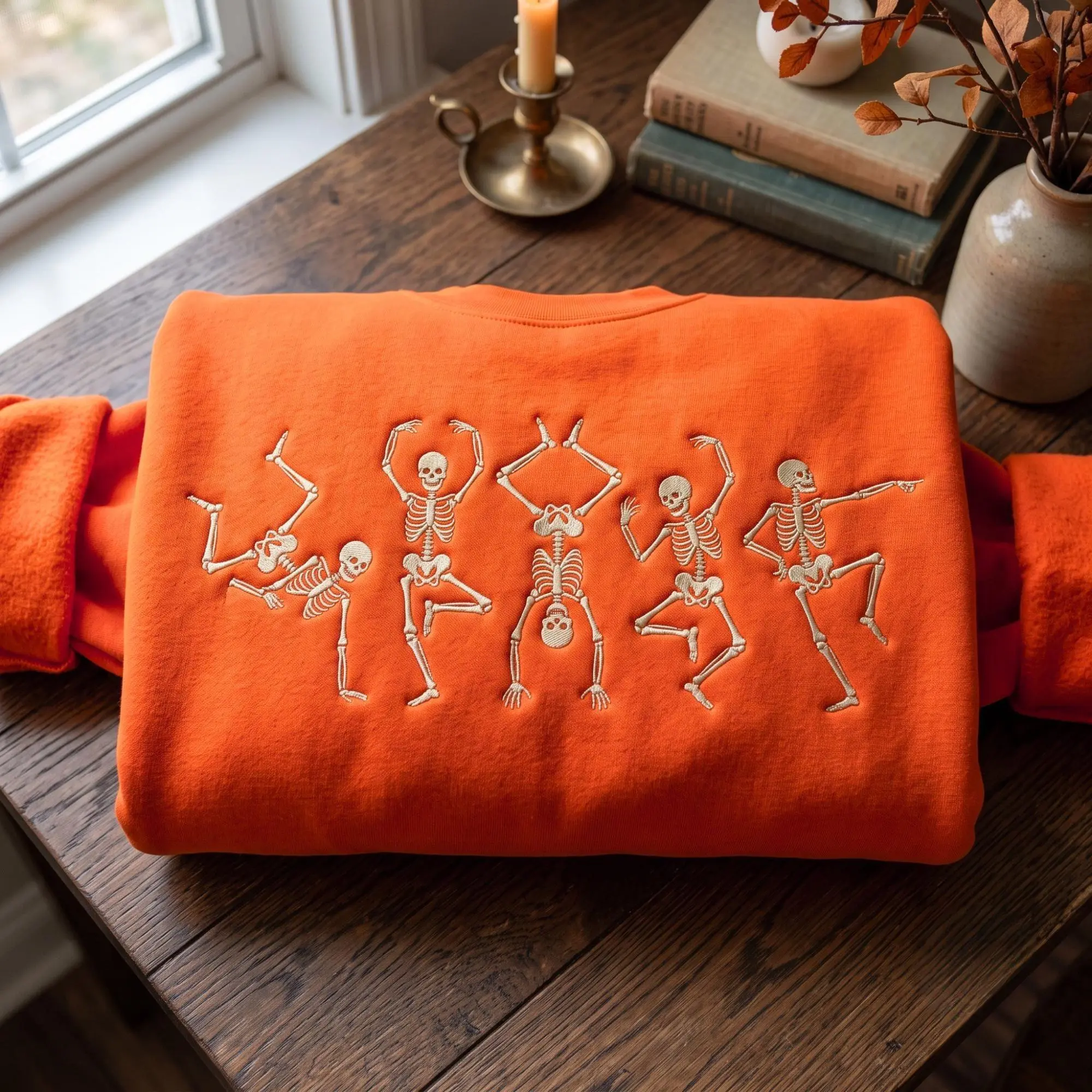 [MADE IN US] Embroidered Retro Dancing Skeleton Sweatshirt T Shirt Hoodie Spooky Halloween Graphic Tee