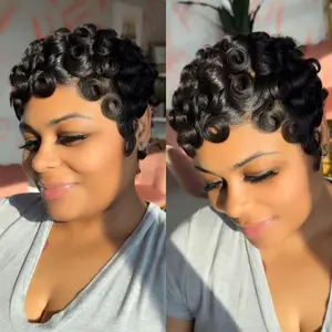 ShowReal 025 Short Pixie Cut Egg Wavy Curly Bomb Black Colorful Mommy Wig Pin Curls Brizalian Virgin Human Hair Cute Style Wigs For Black Women Daily Party Use