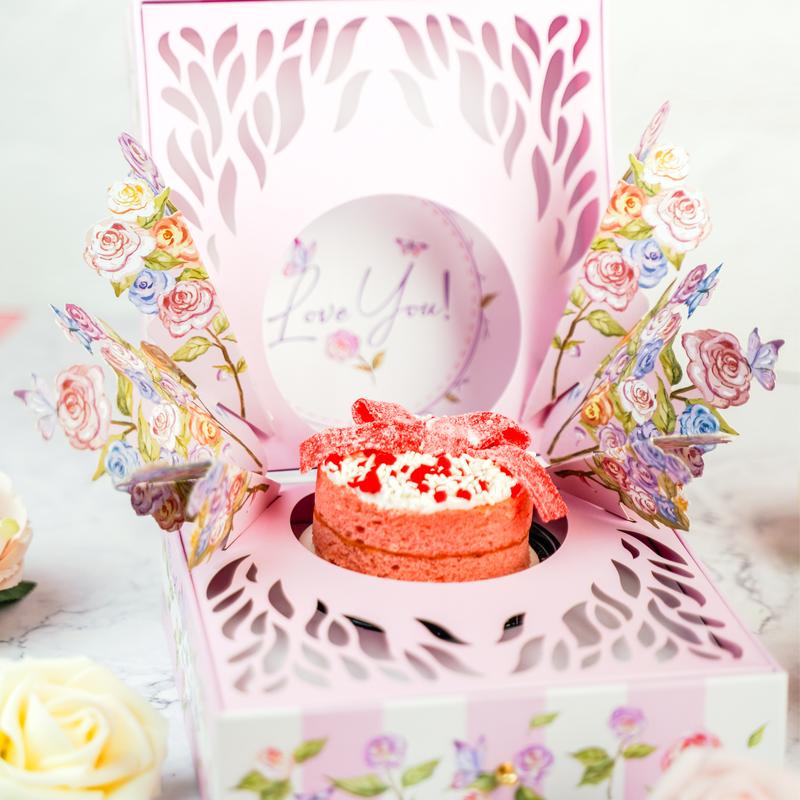 Love You Bloom Box by Send A Cake - A Delightful Surprise Perfect For Valentine's Day, with Strawberry Short Cake & Pop-Up Flowers - Unique & Beautiful Gift Set For Any Occasion - A Dessert Worth Sending
