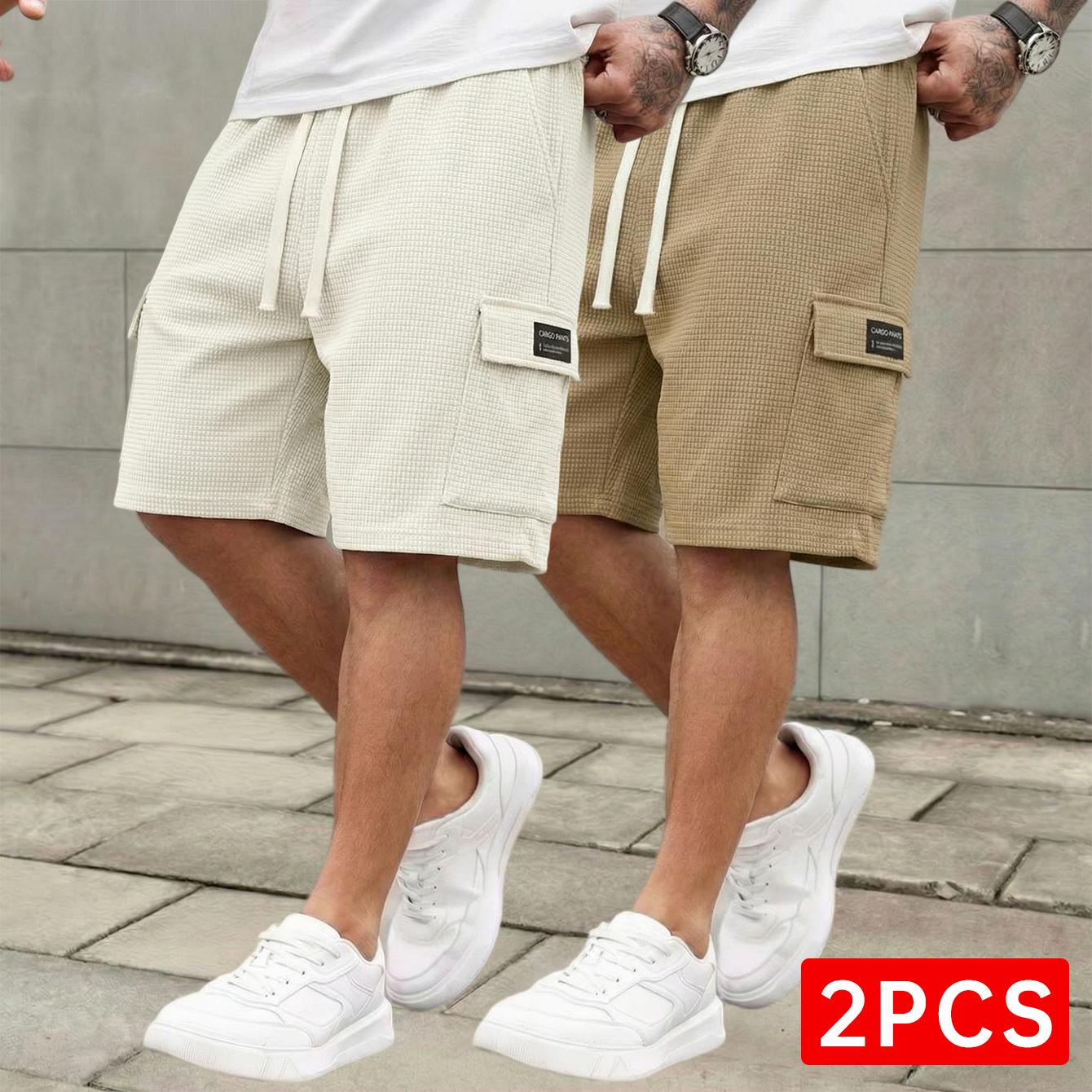 3-pack men’s waffle fabric casual cargo shorts with drawstring waist, available in multiple colors, suitable for summer streetwear outfits