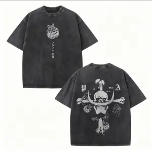 (Custom printing available)One Piece Anime Whitebeard Printed Vintage Washed Loose Pure Cotton Short-Sleeve T-Shirt, Casual Street Hip-Hop Retro Outfit Daily Fashion Top For Men, Summer Loose Crew Neck Versatile Unisex Anime Merchandise Top