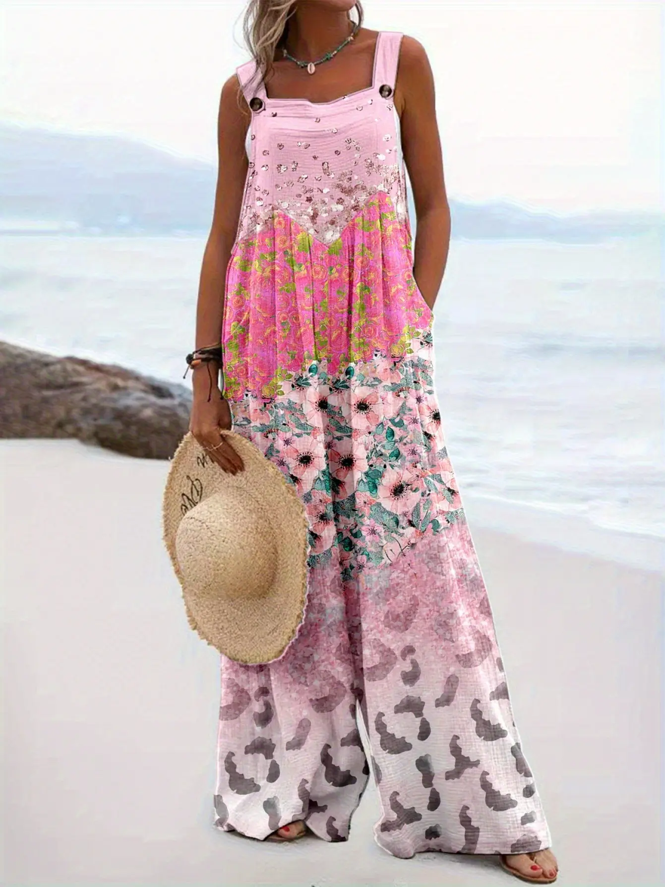 Women's Bohemian Chic Fitted Stretchy Button-Fabric Fake Floral Overalls, Casual Jumpsuit, Polyester
