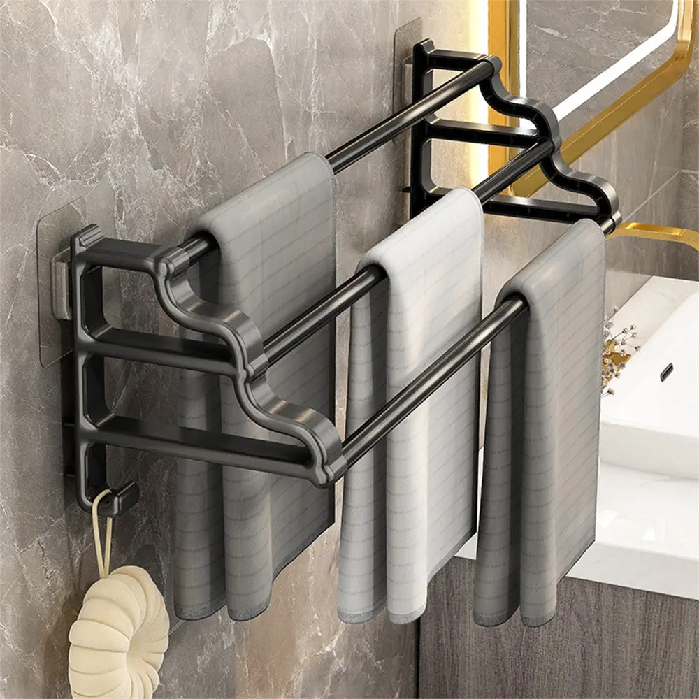 Three-Bar Wall-Mounted Towel Rack, Stainless Steel Material, No Drilling Installation, Fast Drying Design, Space-Saving Bathroom Organizer, Bathroom Organizing Accessories, Bathroom Essentials Accessories