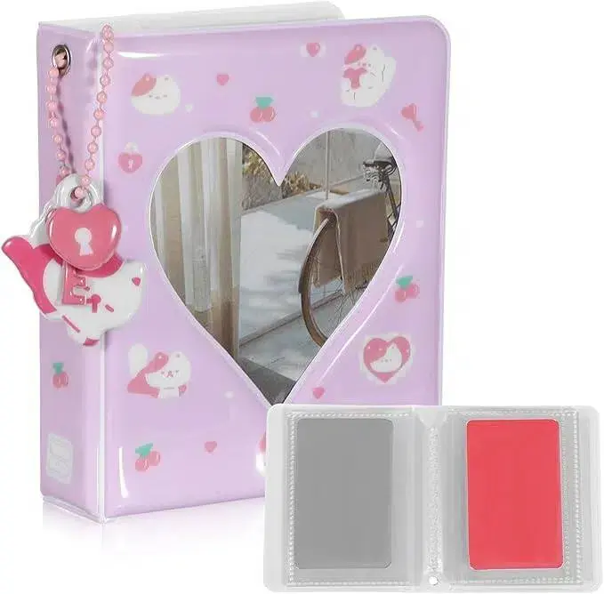 3 Inch Mini Photo Album,Kpop Photocard Holder Book ,Heart Hollow Card Binder Photo Card Holder with Pendant 40 Pockets (Pink)