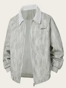 Light Gray Embroidered Men's Jacket with Notch Lapel Collar Classic Zip-Up Casual Outerwear by Brand Menswear Coats