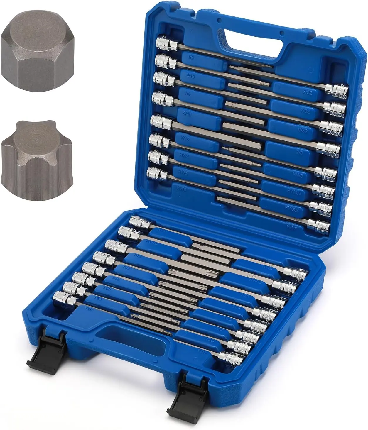 32 count 3/8" Dr. Extra Long Hex and Torx Bit Socket Set, T10-T60, 1/8"-7/16", 3-12mm, S2&CR-V Steel, 150mm/5.9" Length, SAE&Metric, Long Allen Bit Socket Set