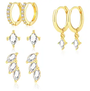 17KM   8 pcs 14K Gold Plated Huggie Earrings Set - Small Stackable Gold Hoop Dangle Earrings for Multiple Piercings, Hypoallergenic Brass Material Cute Minimalist Jewelry for Women Daily Wear