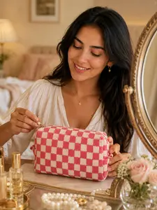 Aesthetic Checkerboard Knit Makeup Pouch in Fresh Green and Cream, Soft Zipper Cosmetic Organizer for Purse, Backpack, Vanity, Vacation and Dorm, Cute Travel Toiletry Storage Bag for Brushes, Lip Balm and Skincare, Holiday Gift for Mom Wife Girlfriend