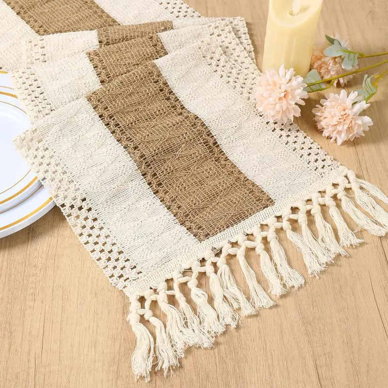 Bohemian Flax Table Runner - 72x12 inches, 90x12in, Handmade Woven Farmhouse Neutral Macrame Tasseled Edge, Hand Wash Only, Rustic Decor for Dining Room Coffee Table