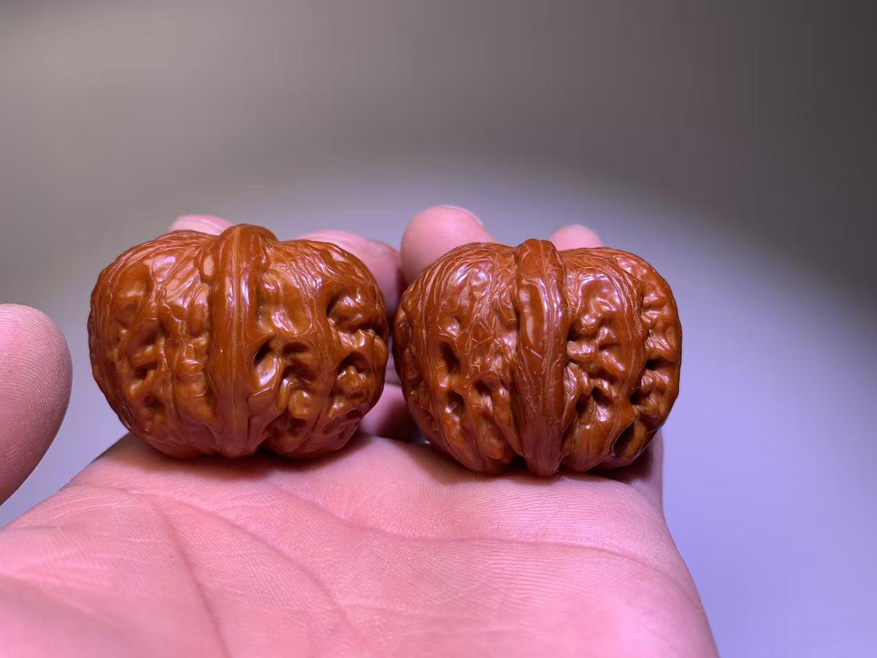 Red Patina Lionhead Walnuts Pair, Natural Handheld Massage Balls, Unique Collectible Art Pieces