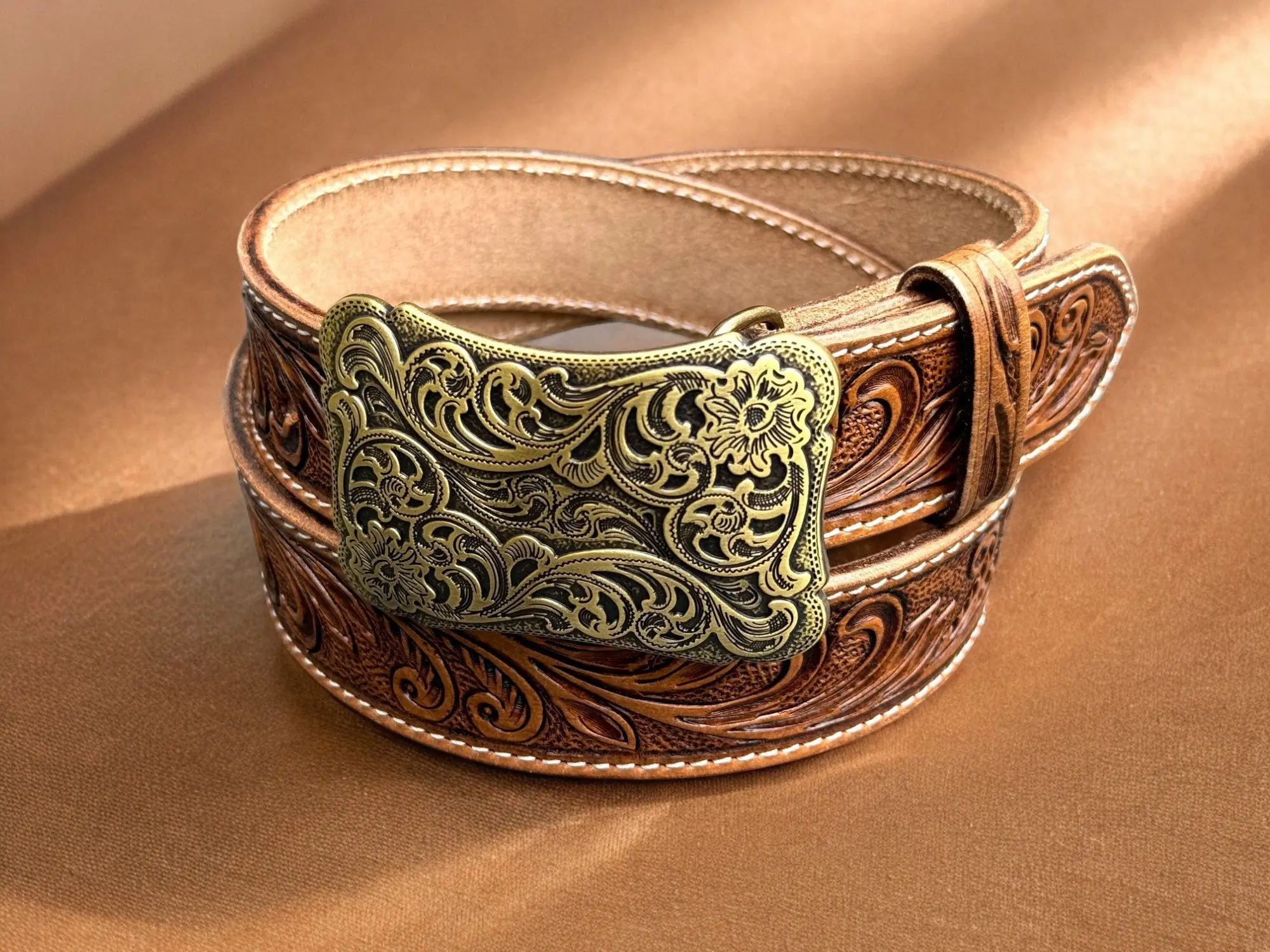 Floral Handmade Western Engraved Leather Belt with Buckle, Leather Snap-On Belt, Full Grain Cowhide with Snaps 1-1/2" WIDE, Cowgirl Belt