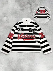 Black and white striped polo collar long sleeved T-shirt for men, Loose polo shirt, 32 digit printed shirt with collar stripes, unisex European and American street fashion brand casual, spring and autumn top, geometric aesthetics