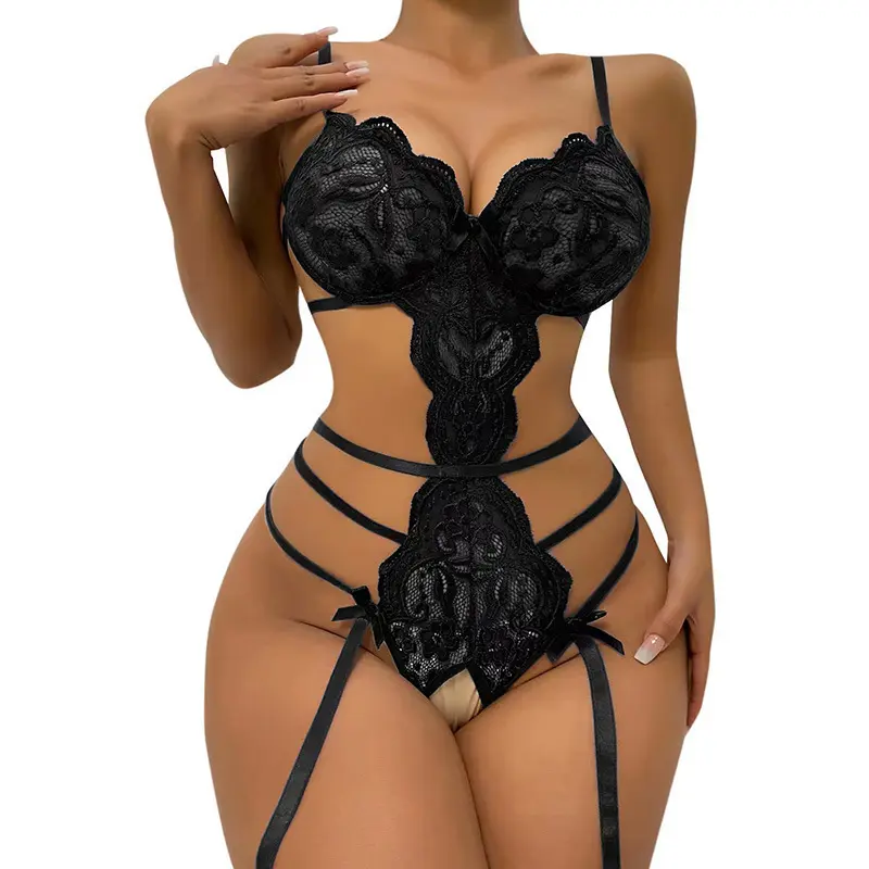 Elegant Lace Lingerie Bodysuit with Crotchless Design for Women's Comfort and Ste - Delicate Polyester Sleepwear