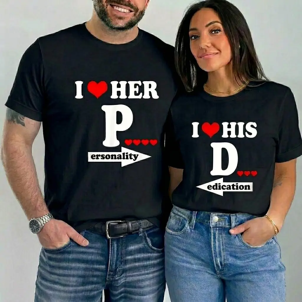 "I Love Her Personality" & "I Love His Dedication" Matching Couple T-Shirts - Funny Hidden Meaning Tee Set for Valentine's Day Gift