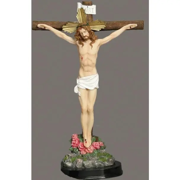 8 Inches Full Color Standing Christian Cross Crucifix with Wooden Base - Religious Home Decor Ornament, Home Display Room Accessory
