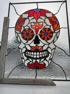 Stained Glass Hanging Panel  Day of the Dead Sugar Skull RB-273