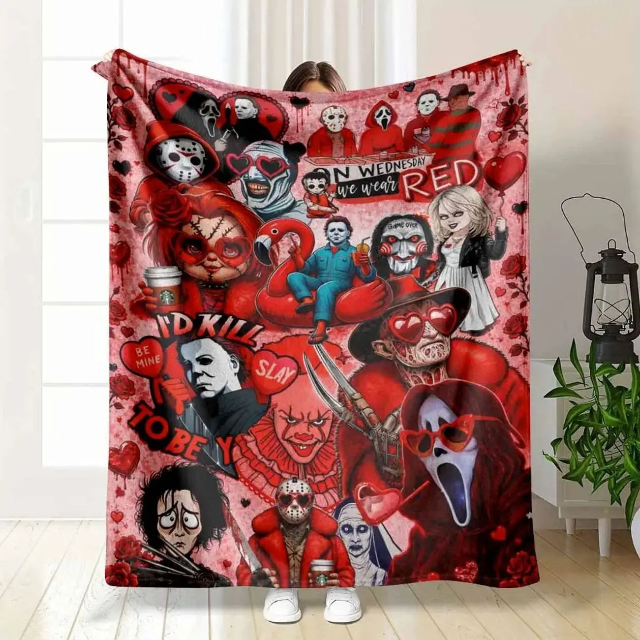 Horror Movie Characters Pattern Flannel Fleece Blanket Gothic Valentines Day Red Aesthetic Print Ultra Soft Cozy Lightweight Warm Throw for Bedroom Living Room Sofa Couch Home Decor Gift