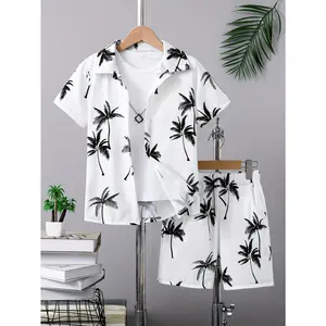 2pcs Boys Casual Coconut Tree Graphic Print Short Sleeve Lapel Shirt & Shorts Set, Comfy Summer Boys Clothing For Daily & Outdoor Wear